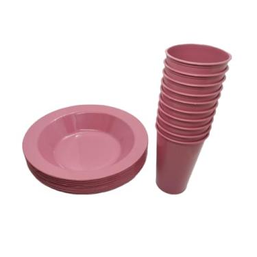 Imagem de Kit 15 Copos 300ml + 15 Pratos Fundos de Plástico – Festas, Merenda Escolar e Uso Infantil Seguro(15 Pratos Redondos + 15 Copos,Rosa)