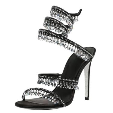 Imagem de Fuazuzu Sandálias de salto alto com tiras de strass para mulheres, bico redondo aberto com cadarço para vestido de festa de formatura de casamento, Cinza, 35