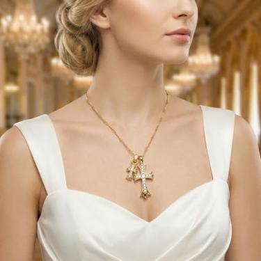 Imagem de Colar de cruz dupla banhado a ouro delicado, pingente de zircão delicado com corrente de elos de bambu ajustável