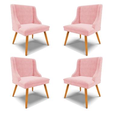 Imagem de Kit 4 Cadeiras Decorativas Sala de Jantar Pés Palito de Madeira Firenze Suede Rosa Bebê/Natural G19 - Gran Belo
