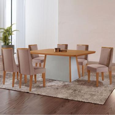 Imagem de Mesa De Jantar Diane 180cm Tampo Mdf Lam 6 Cadeiras Diane Moderna Linho Capuccino Tork Naturale Off White