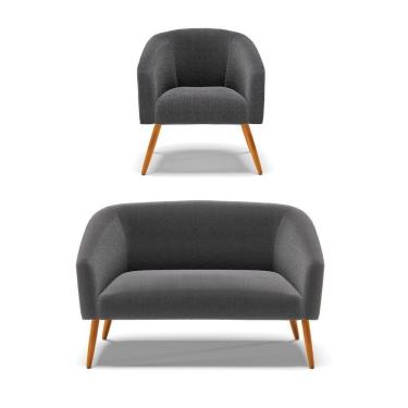 Imagem de Kit 1 Sofá Namoradeira E 1 Poltrona Stella Bouclê Pés Palito Castanho - D'rossi Cor Grafite