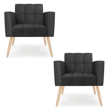 Imagem de Kit 2 Poltronas Elisa Corino Preto Pés Palito Natural D03 - D'Rossi