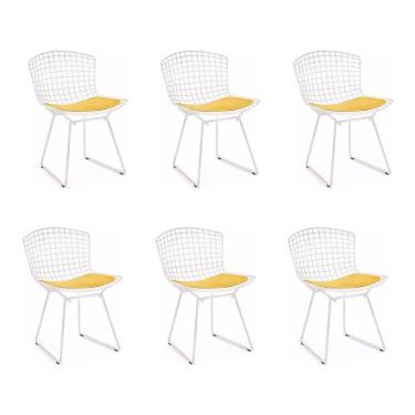 Imagem de Kit 6 Cadeiras Bertoia Branca Com Assento Amarelo