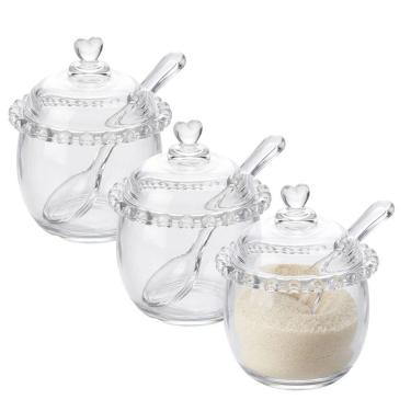 Imagem de Kit 3 Açucareiro de Cristal com Colher Detalhes Coração 250ml Porta Açúcar para Mesa Transparente Lyor