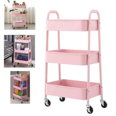 Imagem de Carrinho Organizador 3 Prateleiras de Aço Carbono com Rodízios Multiuso para Salão Manicure Rosa Yeet