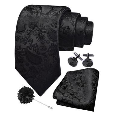 Imagem de Conjunto de Gravata GUSLESON Estampa Paisley Preto Mistura de Seda 150