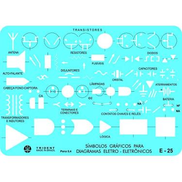 Imagem de Gabarito de Símbolos Gráficos para Diagramas Eletroeletrônicos 17.5 x 12.5 cm, E-25, Trident, Acrílico Azulado