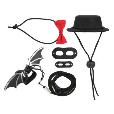Imagem de Conjunto de coleira de réptil, cordão de tração de lagarto, gravata borboleta, guia de asa de morcego, réptil, lagarto, kit de coleira de couro para pequenos animais de estimação (conjunto de chapéu preto e vermelho + corda de tração, G)