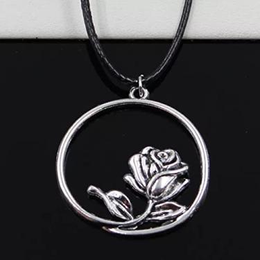 Imagem de EDCRFV Pingente de prata tibetano colar de flores com cordão de couro preto feito à mão