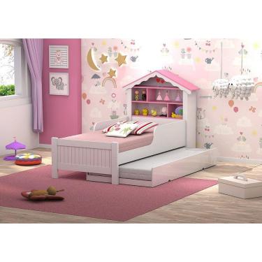 Imagem de Cama Casinha de Boneca com cama auxiliar nichos e prateleira Rosa - Vitamov 
