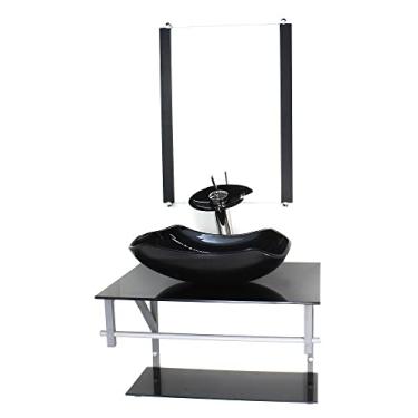 Imagem de GABINETE DE VIDRO PARA BANHEIRO 60CM AC CUBA ABAULADA PRETO FULL COM TORNEIRA CASCATA