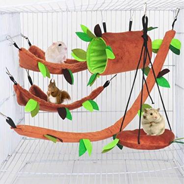 Imagem de 5 peças de rede para hamster para pendurar animais pequenos, cama quente, acessórios para ninho, gaiola, padrão floresta, brinquedo para pendurar folhas, túnel e balanço para balanço de açúcar, esquilo, hamster, brincando e dormindo