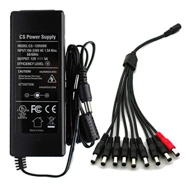 Imagem de ANVISION Adaptador de alimentação ANVISION AC para DC 12V 5A 60W com plugue de cabo divisor de 9 vias 5,5 x 2,1 mm para tiras de luz LED, câmera de segurança NVR DVR, TV Box e mais, nível de eficiência VI UL listado FCC