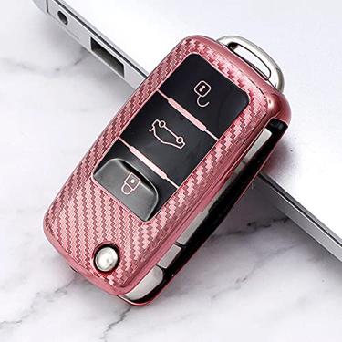 Imagem de YJADHU Capa protetora para chave de carro TPU de fibra de carbono, apto para VW Golf Bora Jetta POLO GOLF Tiguan Passat Skoda Octavia A5 MK6, rosa