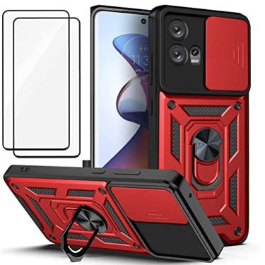 Imagem de Capa para Motorola Moto Edge 30 lite Capinha | com 2 protetores de tela temperados, janela deslizante de proteção da câmera integrada e suporte para telefone - Vermelho