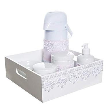 Imagem de Potinho de Mel Kit Higiene Bandeja Lisa Renda Com 6 Peças E Capa Quarto Bebê Menina Rosa