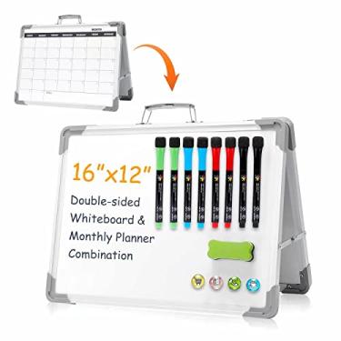 Imagem de Calendário mensal pequeno magnético dobrável apagável a seco quadro branco – Mini cavalete portátil dupla face na mesa com suporte para plano diário, escritório, instruções de professor, quadro de notas.