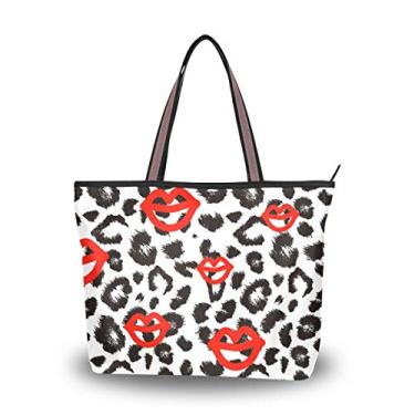 Imagem de Bolsa de ombro com alça superior, estampa de leopardo, lábios vermelhos, bolsa de ombro para mulheres, Multicolorido., Medium