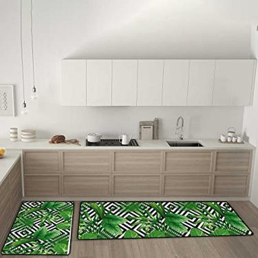 Imagem de Tapetes de cozinha, folhas de palmeira, preto, branco, geométrico, antiderrapante, conjunto de 2 tapetes, tapete confortável antifadiga para sala de jantar, lavanderia, escritório