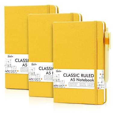 Imagem de feela Pacote com 3 cadernos, diários a granel com 3 canetas pretas, caderno de capa dura A5, conjunto de diário pautado clássico com suporte de caneta para anotações, 120 g/m2, 13 x 21 cm, amarelo