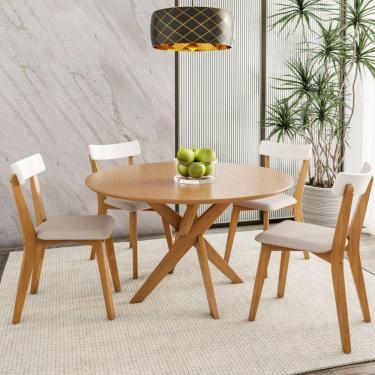 Imagem de Conjunto Sala de Jantar Mesa Tampo Redondo Madeira Maciça com 4 Cadeiras Rafa Espresso Móveis Branco/Nozes