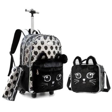 Imagem de CUTBLAJAT Mochilas de Rodinhas Infantis - Conjunto com Lancheira e Estojo - Estampa de Gatinho de Pelúcia