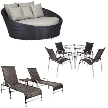 Imagem de Kit 4 Cadeiras E Mesa 2 Espreguiçadeiras 1 Chaise Alumínio Trama