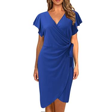 Imagem de UIFLQXX Vestido feminino para coquetel, decote em V profundo, manga com babados, vestido casual, vestido de festa, trabalho, vestido formal, Azul, GG
