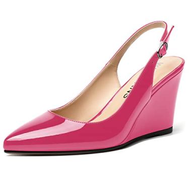 Imagem de WAYDERNS Sapato feminino bico fino tira ajustável tira no tornozelo moda namoro fivela Slingback sólida patente cunha salto alto sapatos 3,3 polegadas, Magenta, 10.5