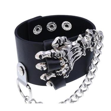 Imagem de YingHwa Pulseira masculina punk de couro, dominadora e exagerada hip-hop rock caveira pulseira de dedo, Couro, Sem pedras preciosas