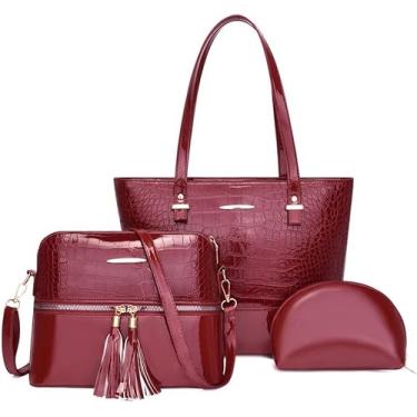 Imagem de Conjunto de bolsa feminina de couro com borlas bolsa de ombro bolsa de mão carteira bolsa mensageiro conjunto de 3 peças, Vermelho, One Size