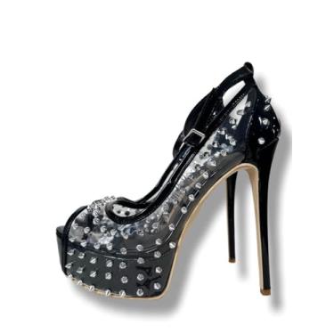 Imagem de Frankie Hsu Sapatos femininos de salto alto plataforma stiletto, rebites de PVC transparentes de patente preta, peep toe festa, clube, tamanho grande 34-50, sapatos para mulheres e homens, Preto, 18