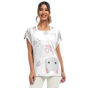 Imagem de Camisetas femininas de manga curta com padrão branco de cachorro e gato, manga morcego, manga curta, camisetas folgadas, Padrão branco de gato e cachorro, M