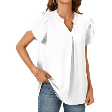 Imagem de Camisetas femininas de chiffon de verão blusas casuais pétala elegante camiseta túnica manga curta gola V tops, Branco, XXG