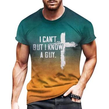 Imagem de ZHONKUI Camisetas grandes masculinas com estampa de crucifixo gradiente e dizendo I Can't But I Know A Guy, Amarelo, 4G