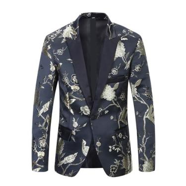 Imagem de Blazer masculino, estampa floral, com um botão, ajuste justo, casual, smoking, jaqueta anfitriã, Dourado, X-Large