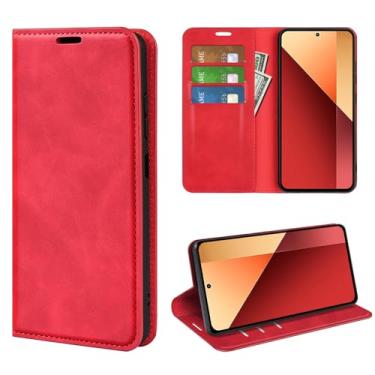 Imagem de Capa para Xiaomi Redmi Note 13 Pro 4G, capa carteira de couro design clássico com slot para cartão e fecho magnético capa dobrável para celular Xiaomi Poco M6 Pro 4G (vermelha)
