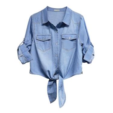 Imagem de luvamia Blusa jeans feminina moderna abotoada na frente blusa manga 3/4 jeans cambraia cropped cardigã, Azul hélio, P