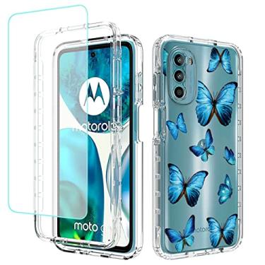 Imagem de sidande Capa para Moto G52 4G/Moto G82 5G/Moto G71S 5G XT2225-1 com protetor de tela de vidro temperado, capa protetora de telefone TPU floral transparente para Motorola Moto G52 4G (borboleta)