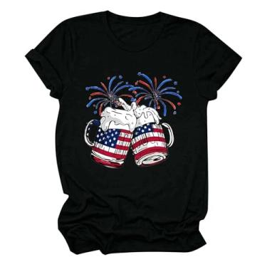 Imagem de Camiseta feminina de 4 de julho, gola redonda, mangas curtas, estampas modernas, roupas de verão para o dia da independência, Preto, GG