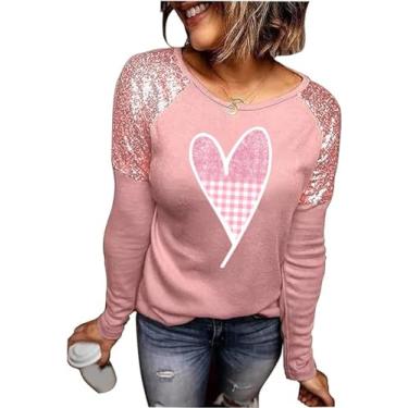 Imagem de Camiseta feminina para o Dia dos Namorados, estampa de leopardo, listrada, manga Raglans, estampa de coração, estampa de búfalo, estampa xadrez, P - rosa, M