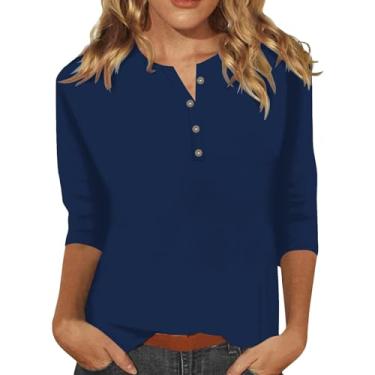 Imagem de Camiseta feminina estampa floral fashion Henley manga três quartos camiseta top verão roupas para sair, Azul-marinho #3, GG