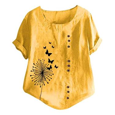Imagem de Camiseta feminina de linho de verão, estampada, manga curta, gola redonda, botão, túnica folgada, casual, tops, 1 amarelo, M