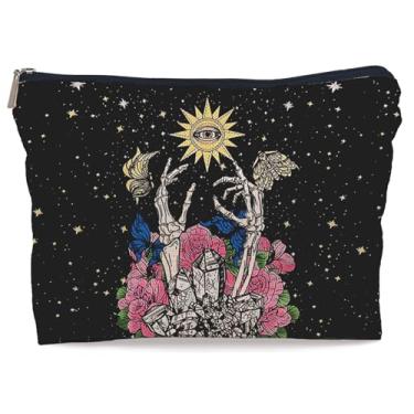 Imagem de Lacosu Bolsa de maquiagem de cogumelos coloridos com caveira gótica e lua, bolsa de maquiagem de esqueleto de caveira de Halloween para mulheres e meninas, presentes para amantes góticos,