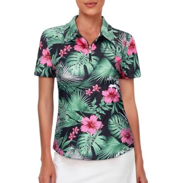 Imagem de Viracy Camisa polo feminina de golfe com zíper 1/4, manga curta, absorção de umidade, Flores, G