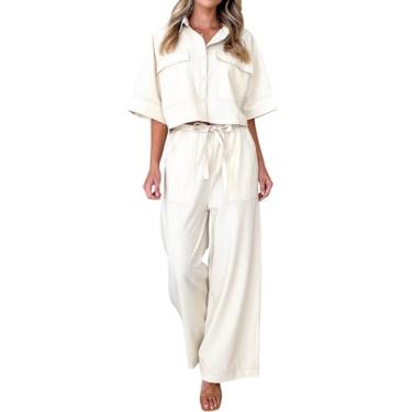 Imagem de Tankaneo Conjunto feminino casual de 2 peças, camisa com colarinho de botão, calça larga e bolsos, Bege, Medium