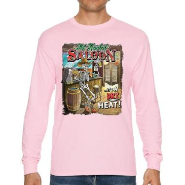 Imagem de Camiseta de manga comprida Hot Headed Saloon But its a Dry Heat Funny Skeleton Biker Beer Drinking Cowboy Skull Southwest, Rosa choque, P