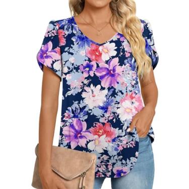 Imagem de HOTGIFT 2024 Blusa feminina de verão casual de chiffon túnicas com babados manga curta camiseta solta confortável, V/flor clara mista, XXG