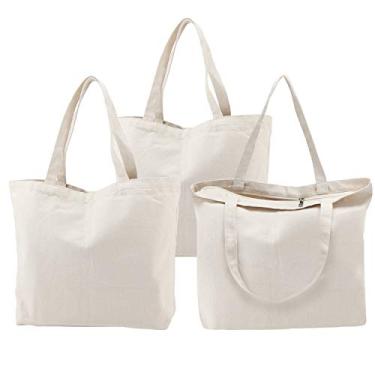 Imagem de Segarty Bolsa de lona em branco com zíper, 3 peças de 50 x 39,9 cm com alças, 340 g, sacos de compras de supermercado, reutilizáveis, laváveis e resistentes, sacos simples para professores, artesanato